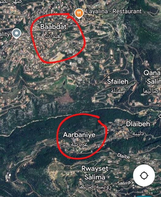 أرض بإطلالة على الجبل للبيع في عرباني، بعبدا